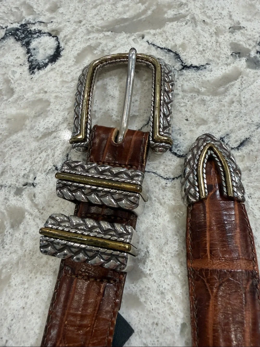 Brighton Vintage Brown Croc Embossed Leather Belt Silver Gold Western Buckle